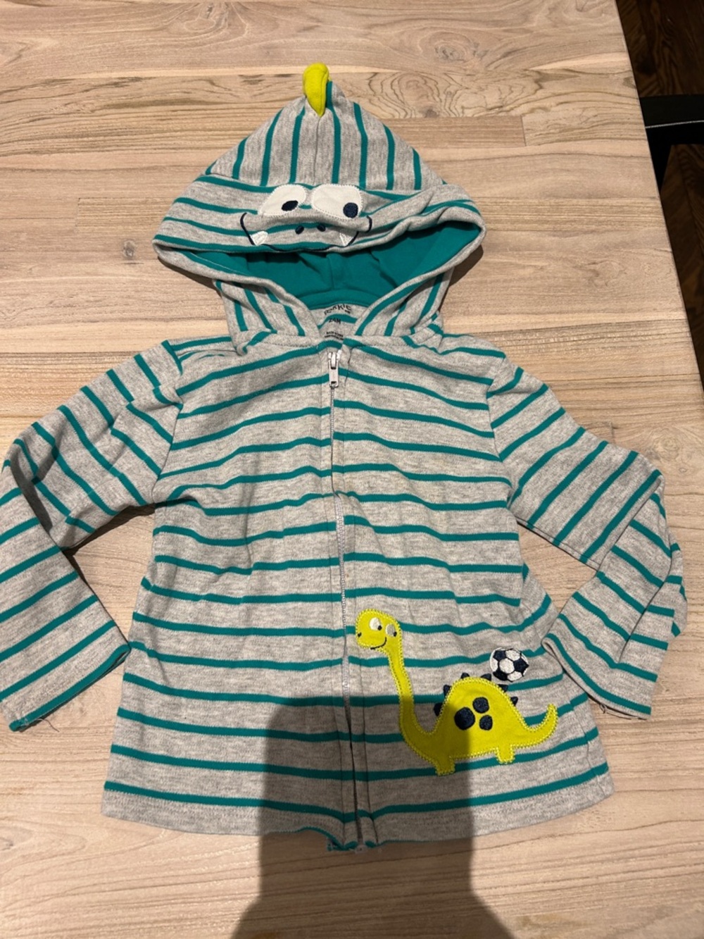 Gray & Teal Striped Dino Hooded Zip-Up Sweatshirt for Kids